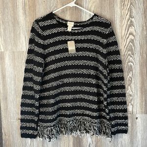Chicos black and white striped fringe pullover sweater, 10-12